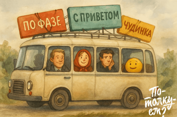 Автобус с фразами «по фазе» и «с приветом» везёт пассажиров и Колобка.