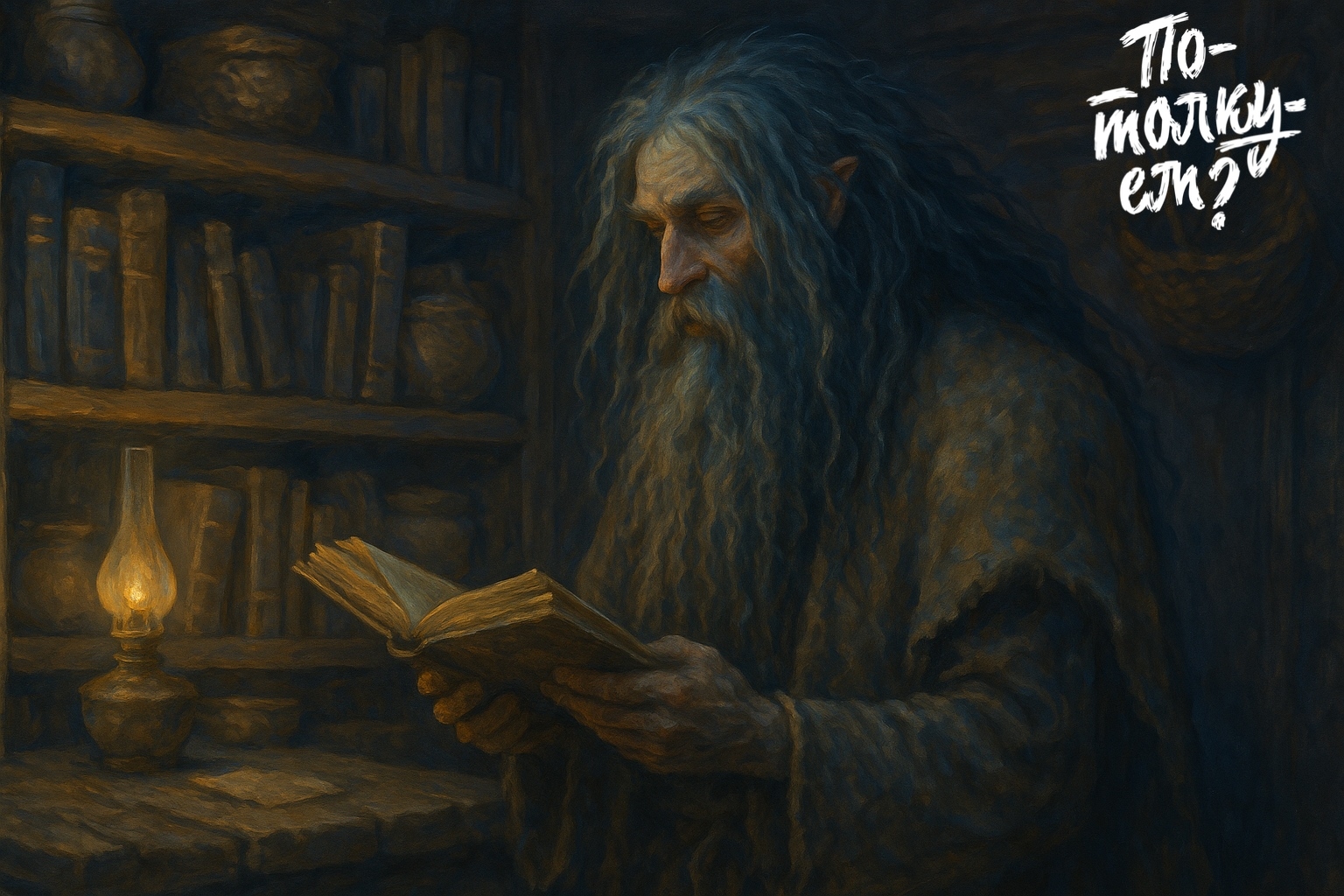 леший стоит у полки с книгами и держит открытую книгу