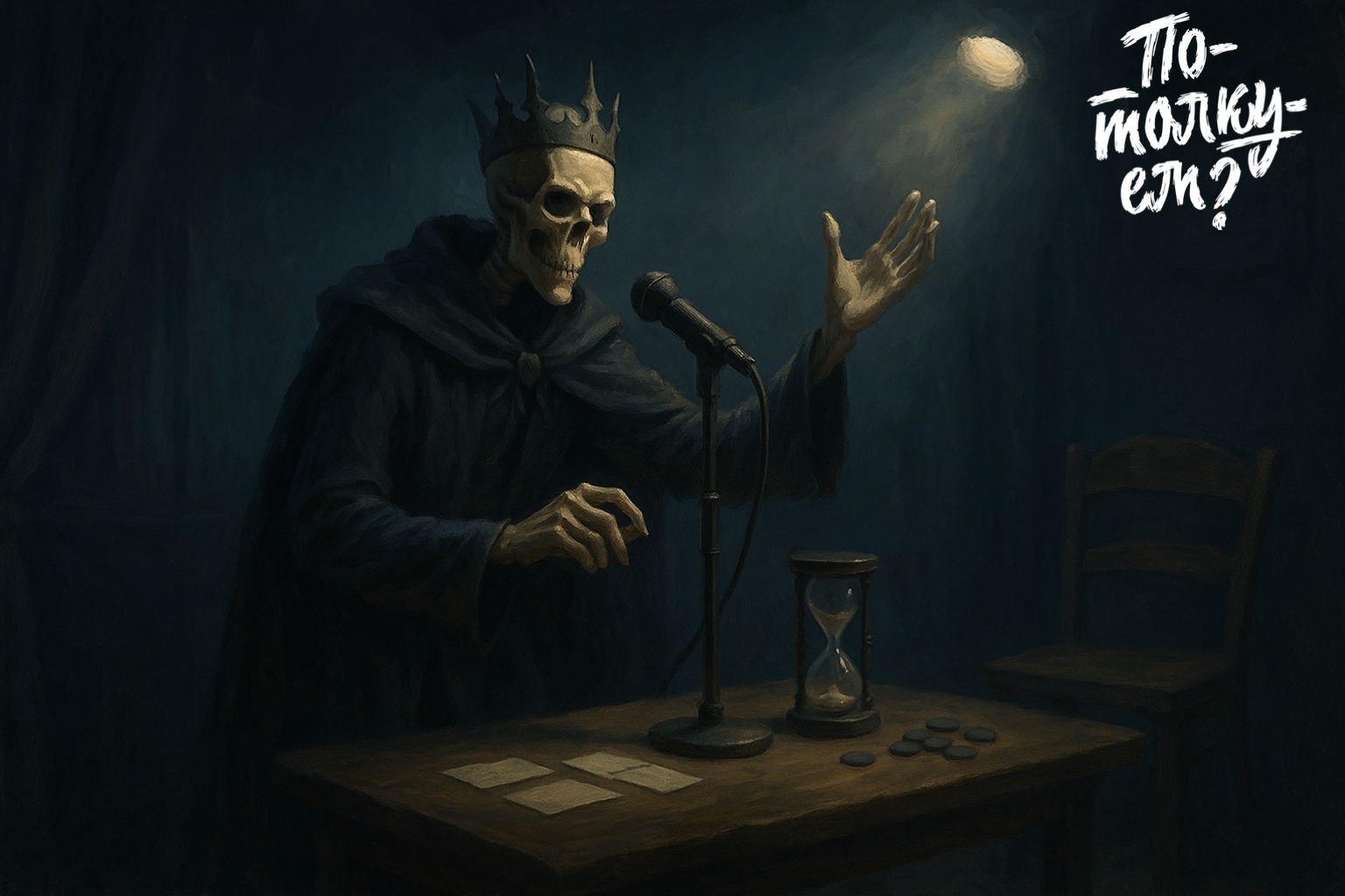 Кощей на маленькой сцене поднимает руку для старта раунда, на столике таймер и карточки