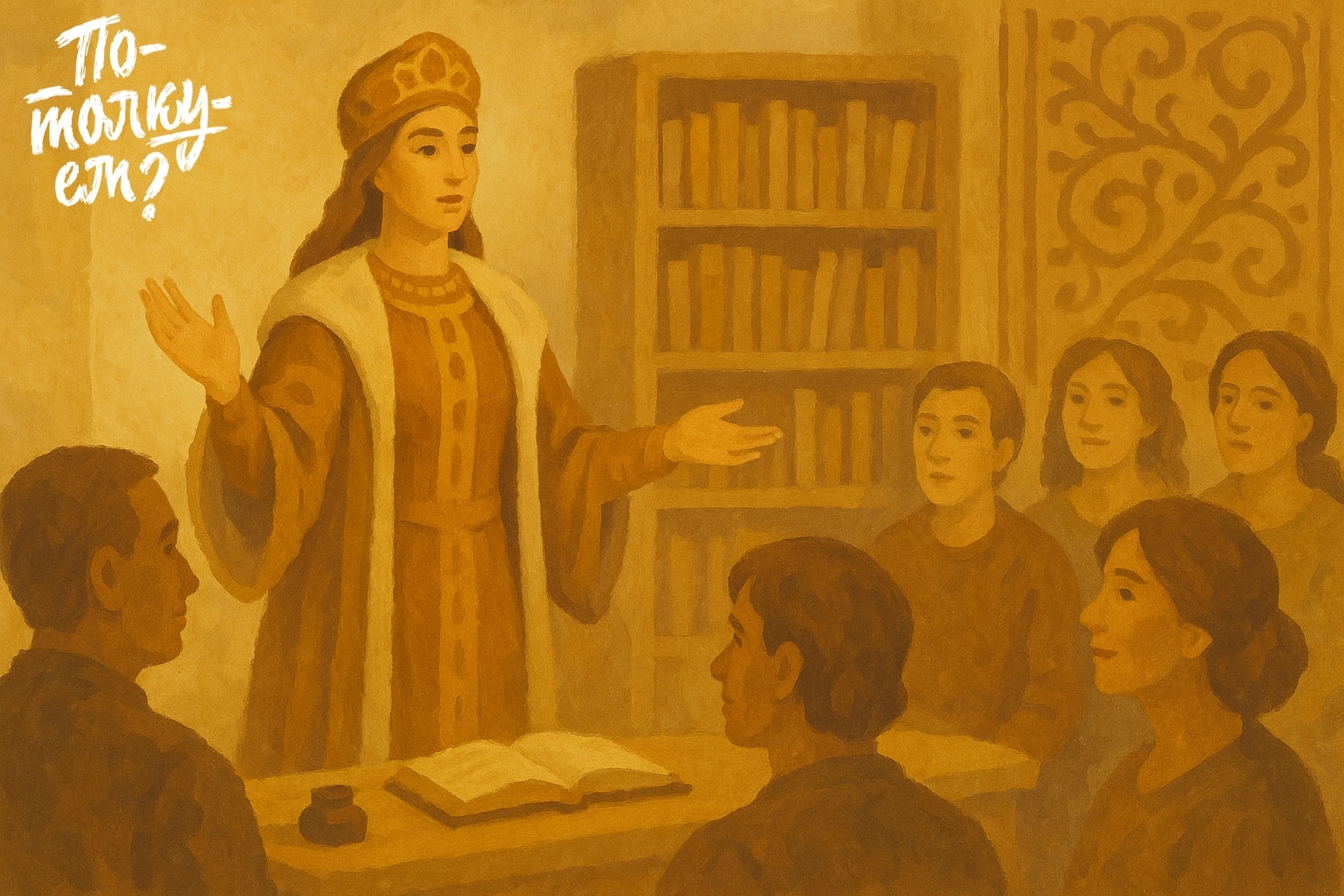 Василиса премудрая говорит перед людьми в светлой зале с книгами