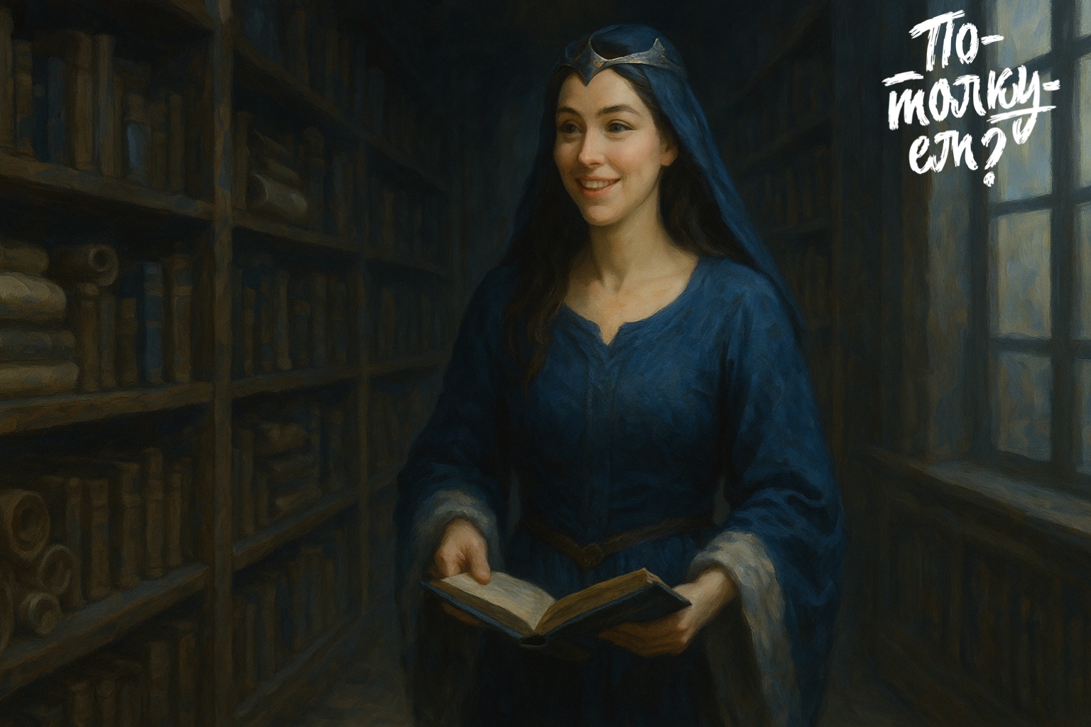 Василиса Премудрая идёт по библиотеке с книгой в руках при мягком свете