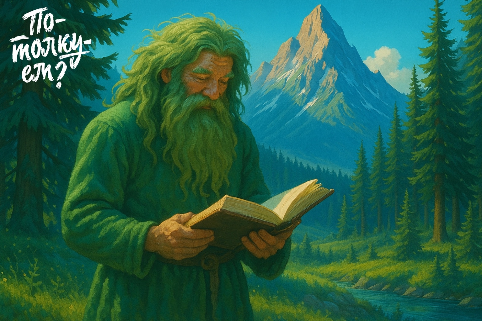 Лесовик стоит на поляне среди хвойного леса и читает книгу на фоне горы