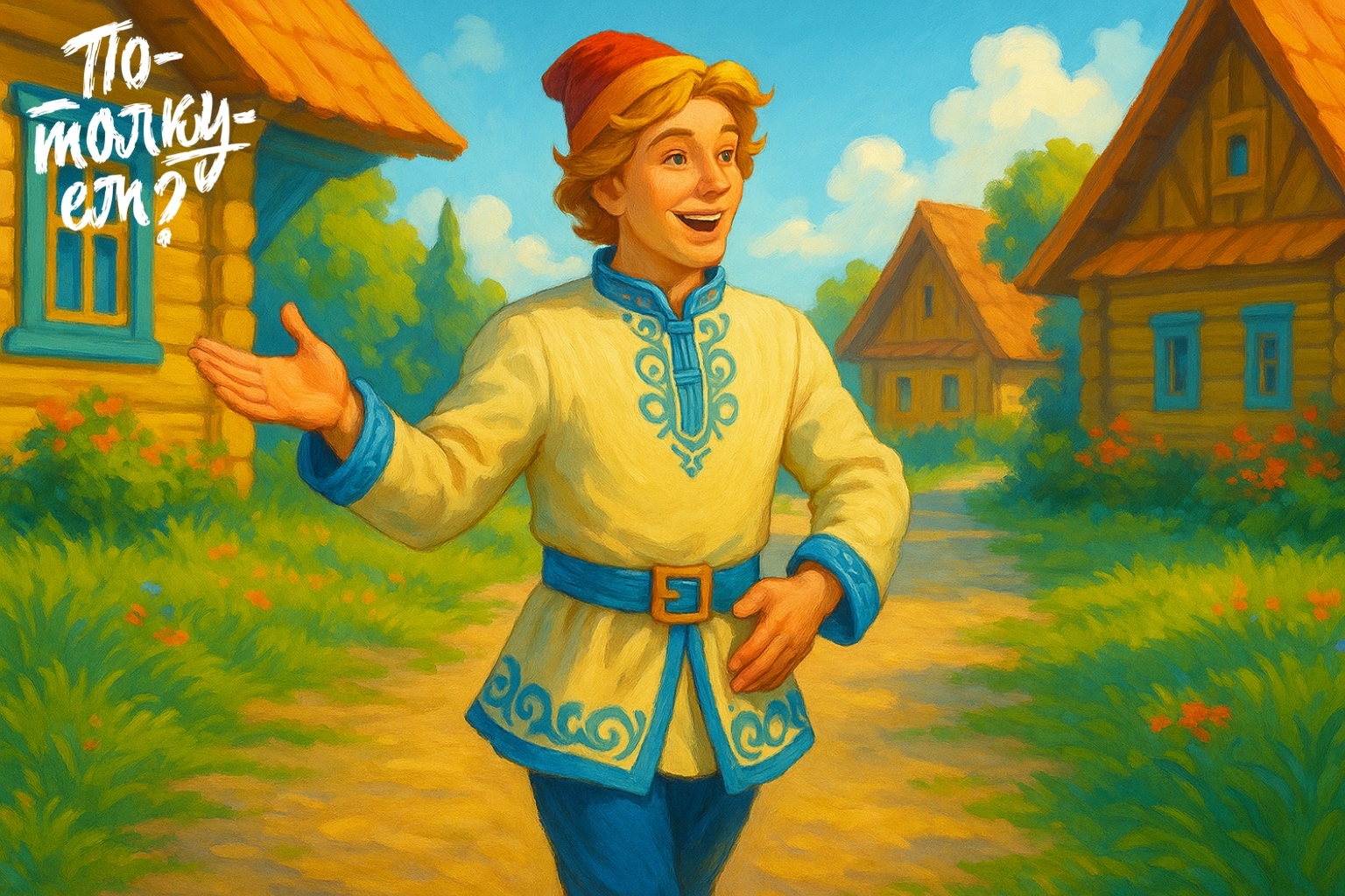 Иван-царевич идёт по яркой улице и жестикулирует во время разговора