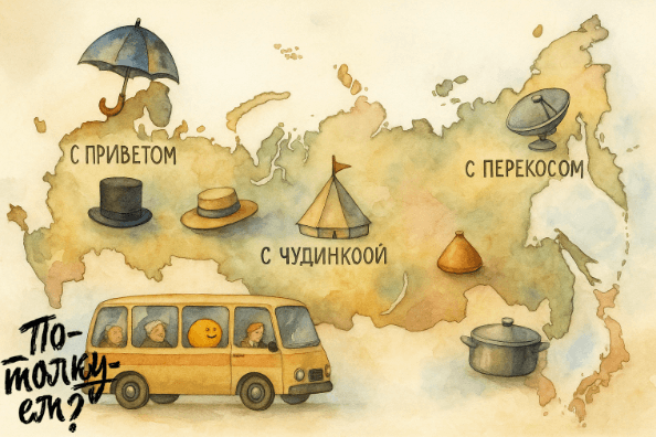 Карта России с крышами: зонтик, шатёр, тарелка, цилиндр, шляпа, котёл.