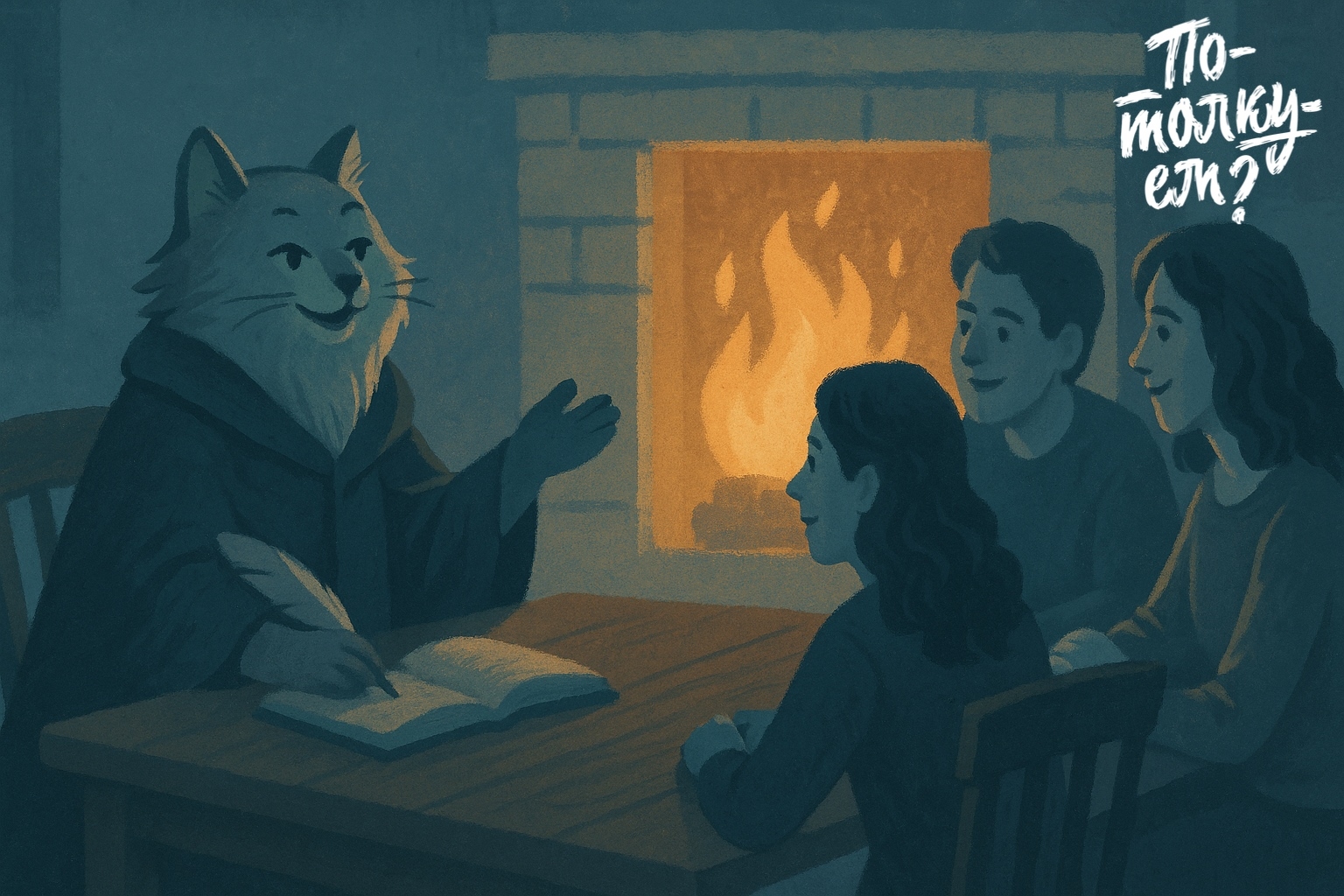 Кот Баюн сидит у камина с людьми за столом, рассказывает истории