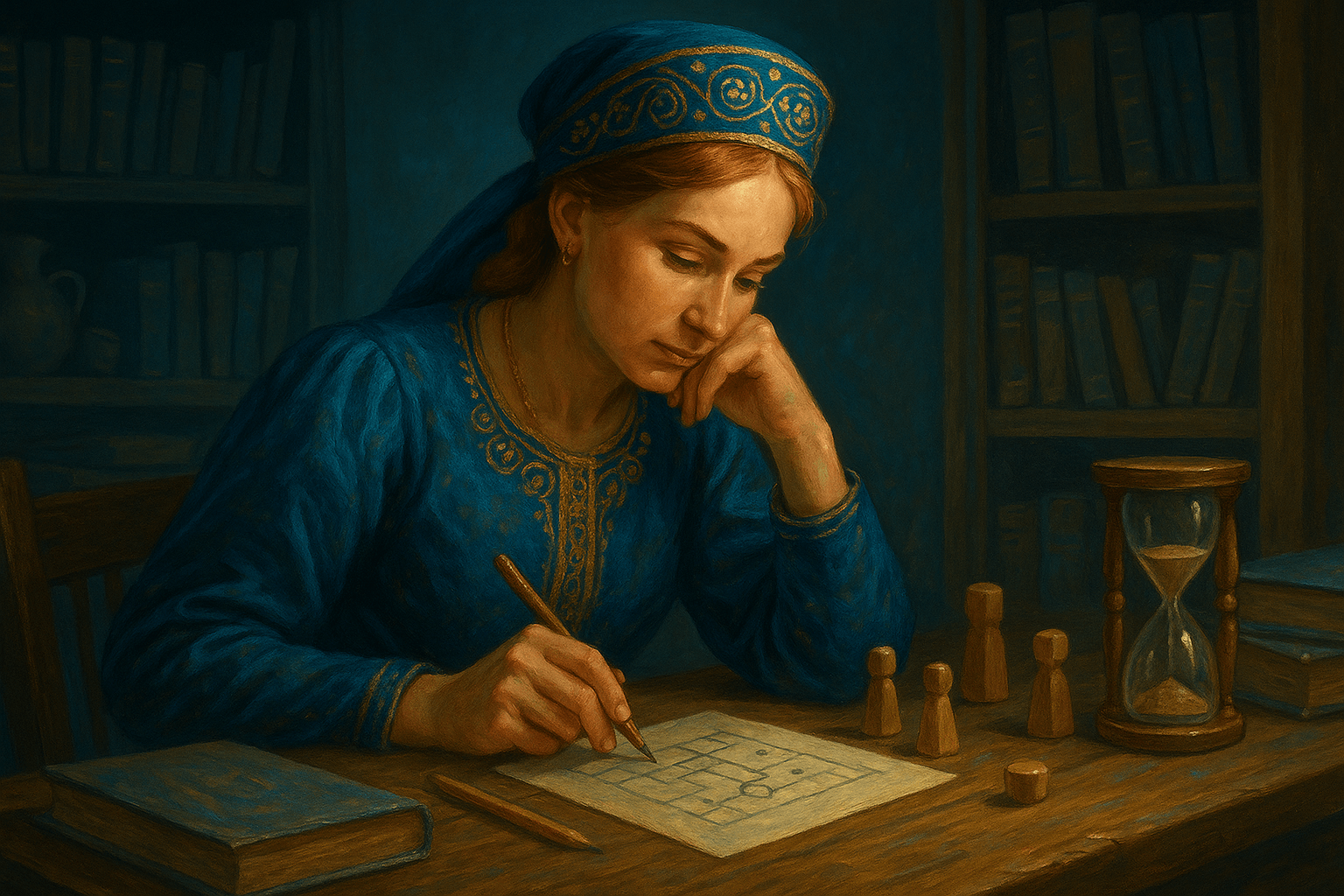 Василиса Премудрая сидит за столом среди книг, фигурок, блокнота и песочных часов